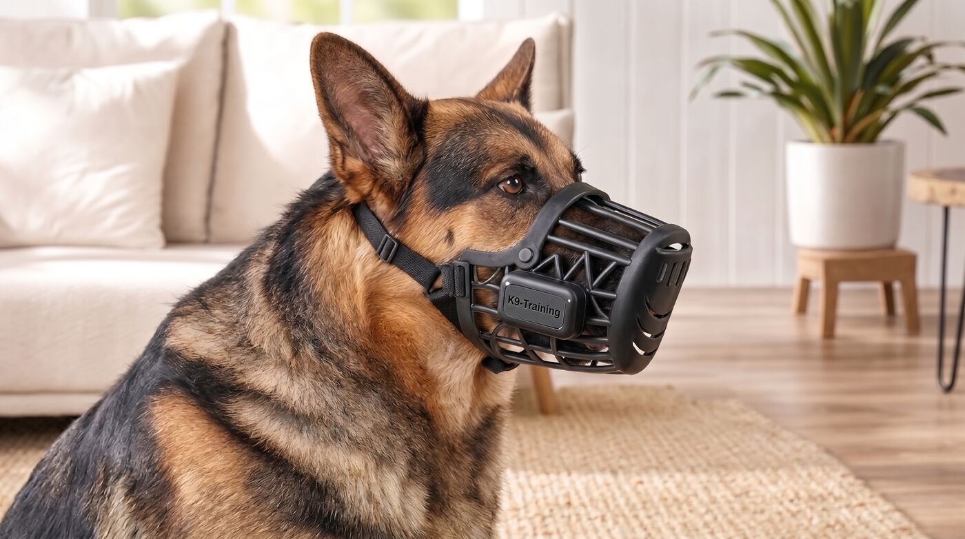 Pastor alemão usando a focinheira K9 Faro com o módulo detector K9 Training preso na lateral